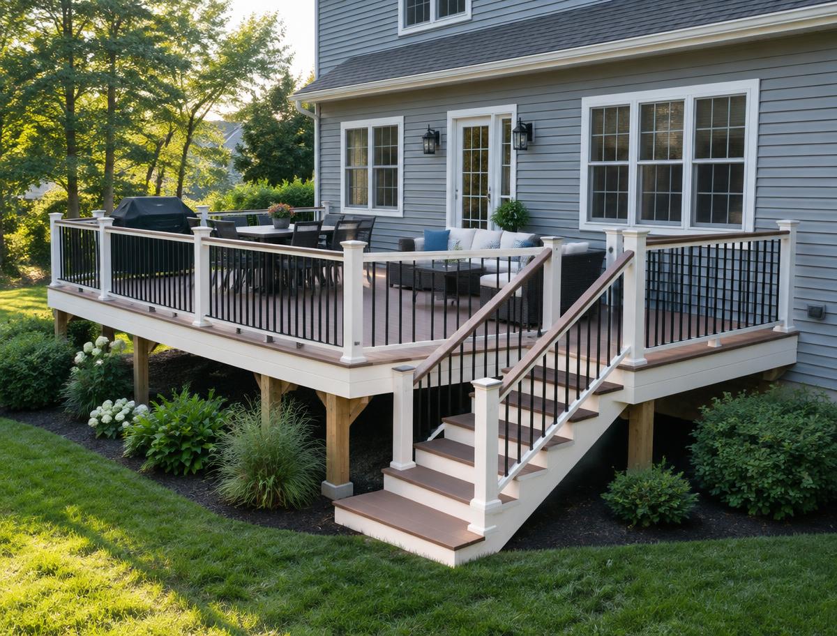 Custom composite deck with white railings built in Fall River
